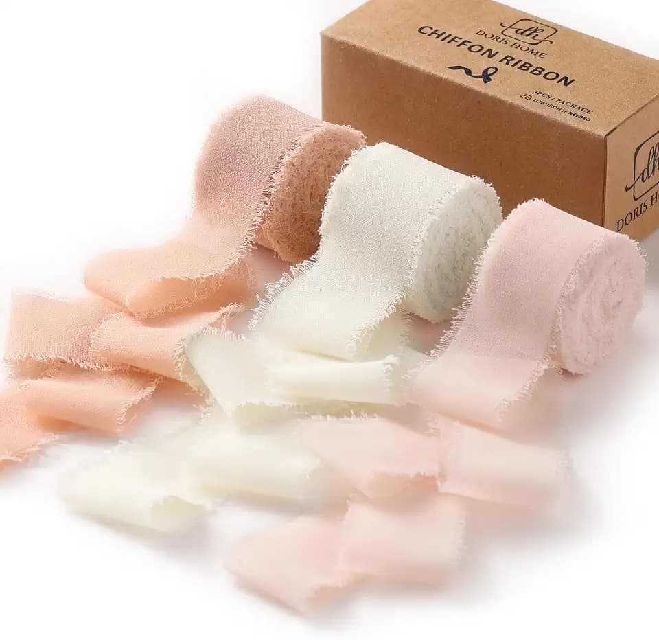 DORIS HOME Handmade Fringe Chiffon Ribbon 1" x 21Yd Pink & Cream