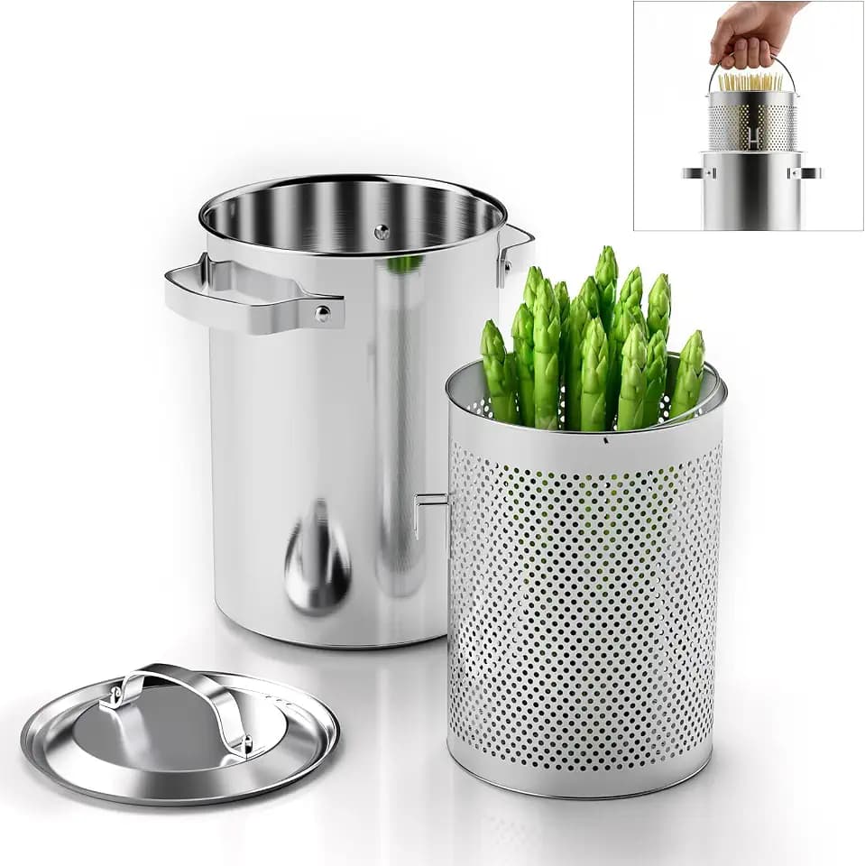Asparagus Pot, Asparagus Steamer Stainless Steel Steamer Cooker 4.3L/1.14Gal 3-Ply Base Spaghetti Pasta Cooker Vegetable Steamer with Perforated Steamer Basket, Induction Compatible Versatile Cookware