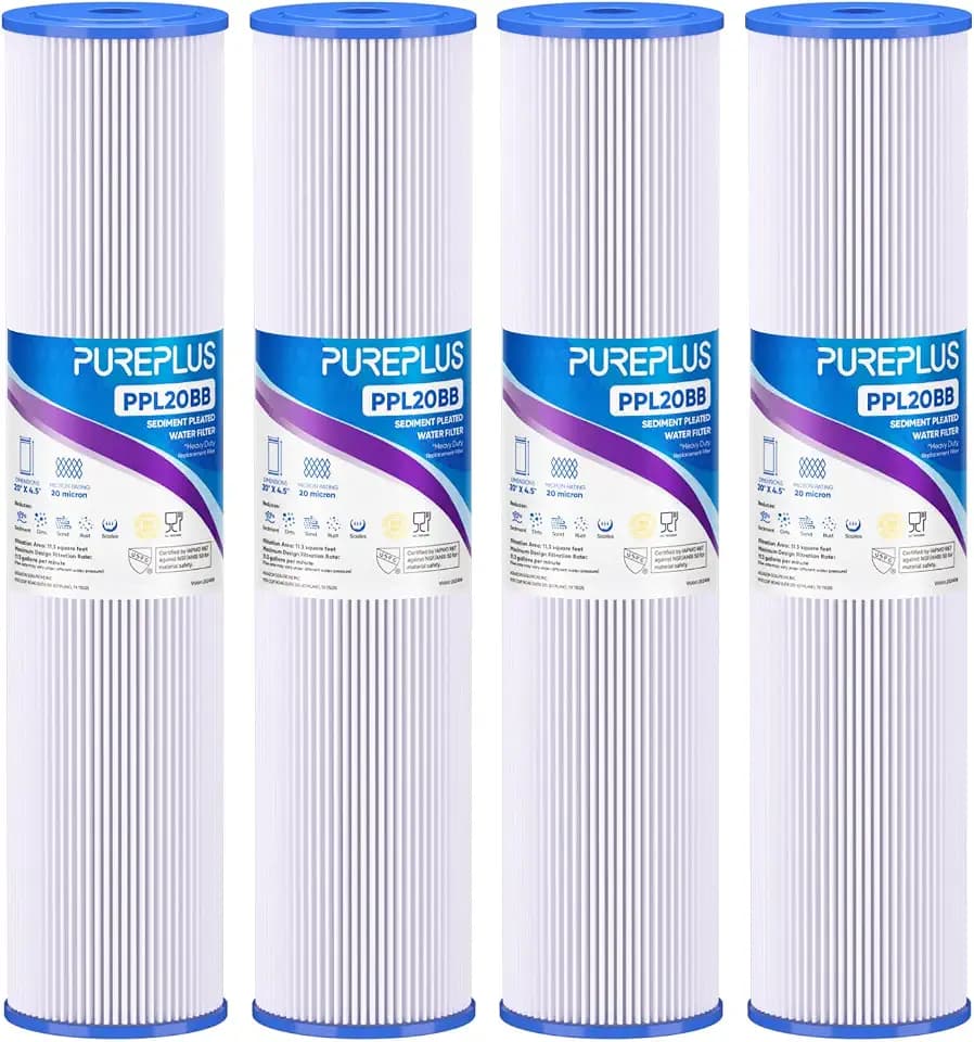 PUREPLUS 20 Micron 20"x4.5" Whole House Pleated Sediment Filter, 4 Pack
