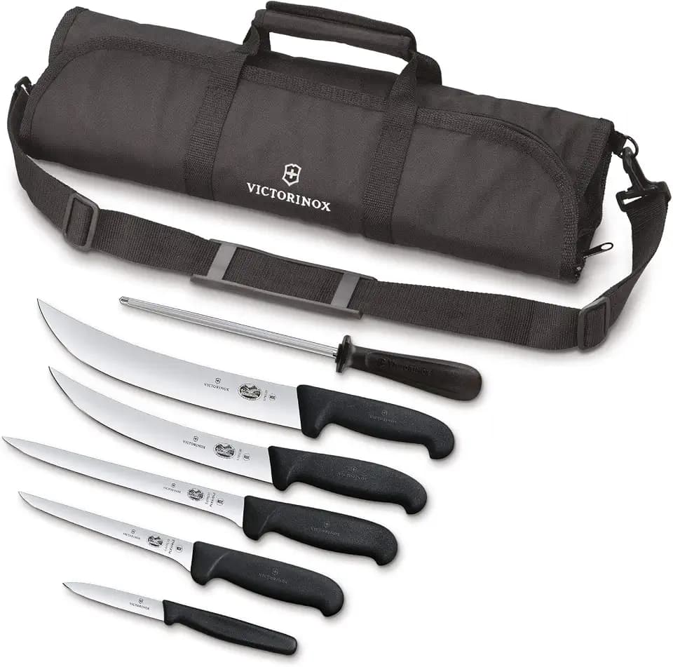 Victorinox Knife Set - Swiss Army Field Dressing Kit, 7-Piece Kitchen Knife Set, Kitchen Knives for Butcher/BBQ with Fibrox Handles, 10" Honing Steel and Case - Black