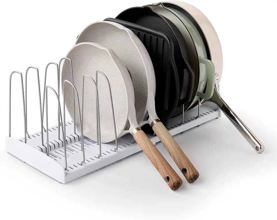 YouCopia StoreMore Expandable Cookware Rack with Tall Steel Wires, 12.5"-21.5" Wide Adjustable Pan Organizer for Kitchen Cabinet Storage, Premium Edition