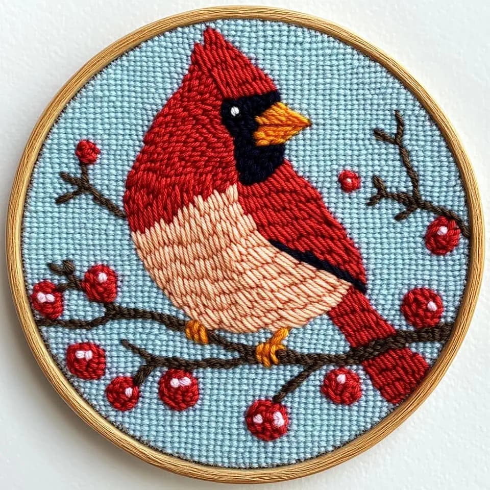 DIY Punch Needle Kits Red Cardinal on Red Berry Tree with Hoop 20x20cm-3