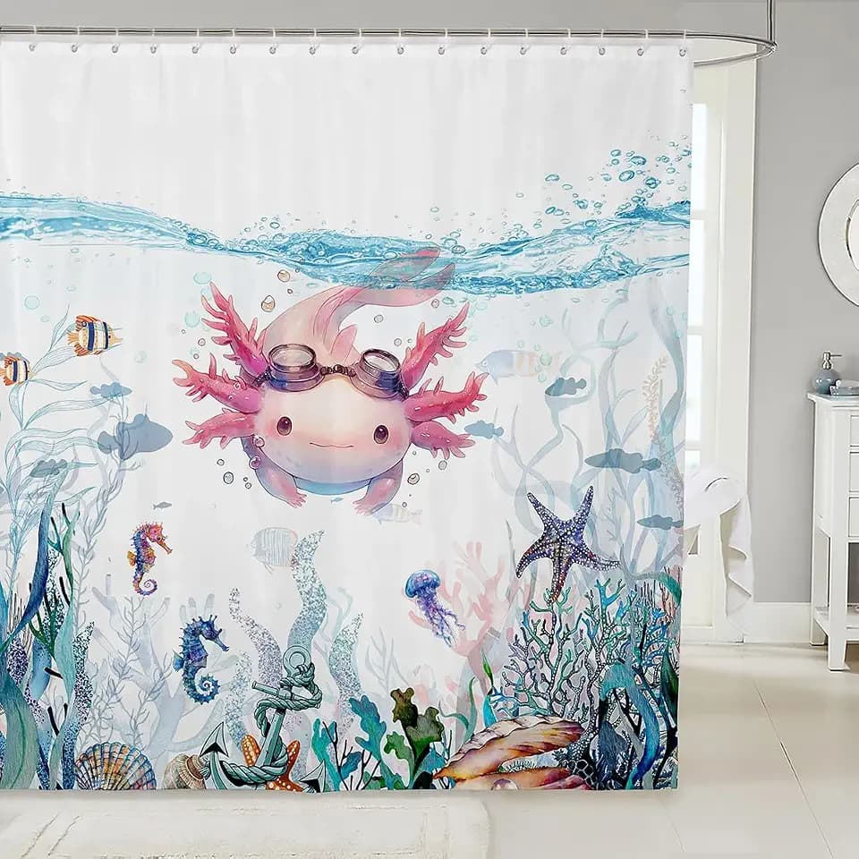 Feelyou Cute Axolotl Shower Curtain 72"x72" Cartoon Salamander Bath Curtain for Toddler Boys Girls Kawaii Ocean Sealife Bathroom Shower Curtain Set Reptile Animal Kids Bathroom Accessories