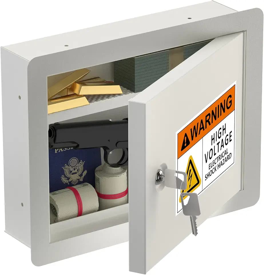 In-Wall Safe with Disguised Sticker, Heavy Duty Wall Safes Between the Studs, Fits 16-Inch Studs with Key Lock, Hidden Gun Storage for Firearms, Money, and Valuables (Grayish White)