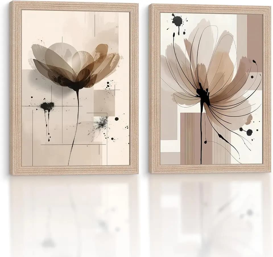 2pc Framed Floral Wall Art Modern Beige-Black Floral Line Print Poster Painting Neutral-Colored Floral Gallery Style Canvas Print Living Room/Bedroom Wall Decoration 12x16 Inches