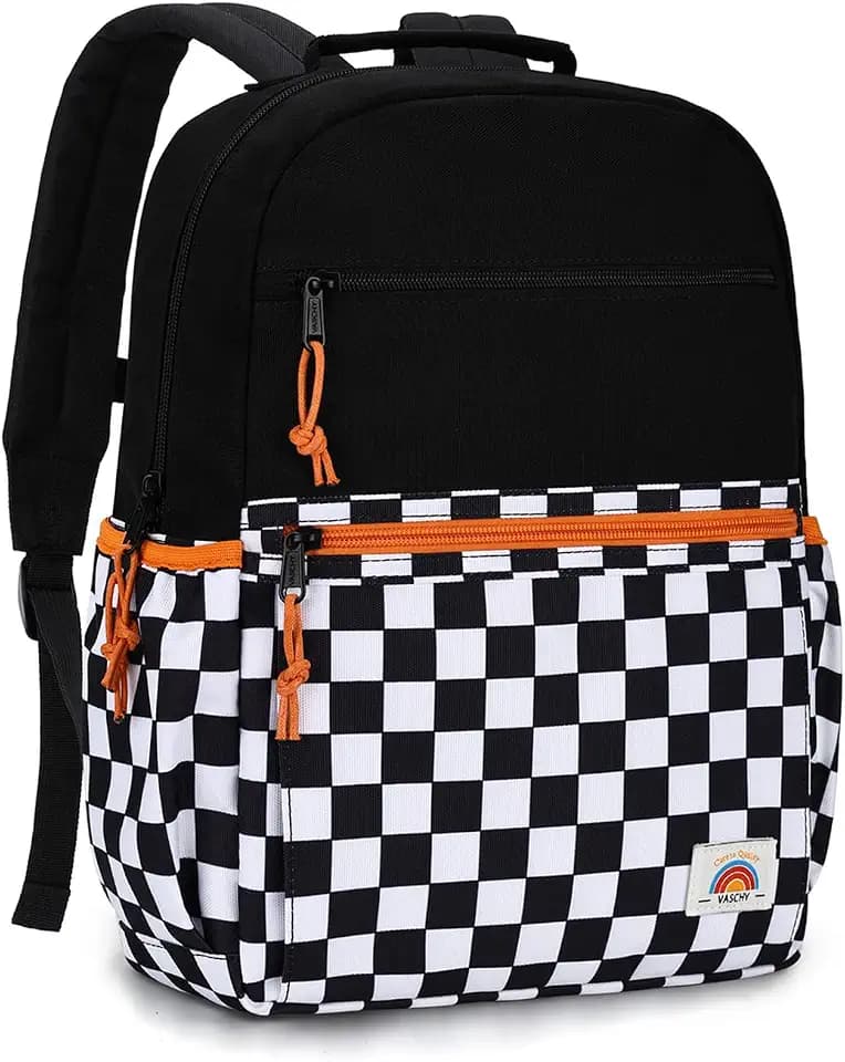 VASCHY Toddler Kids Backpack for 3‑6 Years, Lightweight Color‑Block Small Kids Backpack for Preschool/Kindergarten/Daycare/Travel, Black Checker