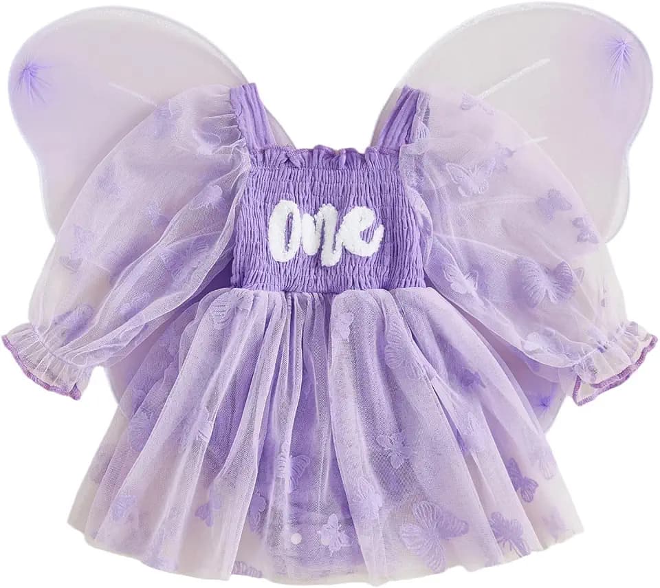 Fairy 1st Birthday Girl Outfit Tie-up Tull Romper Dress with Butterfly Wings Cake Smash Photo Shoot Clothes