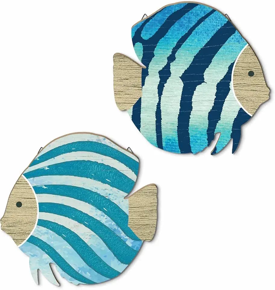 Putuo Decor 2PC Coastal Fish Wall Decor, MDF Nautical Hanging Decor with Metal Hook, Ocean Themed Wall Art Set for Bathroom, Lake House, Seaside Living Space(Blue Coastal Stripes)
