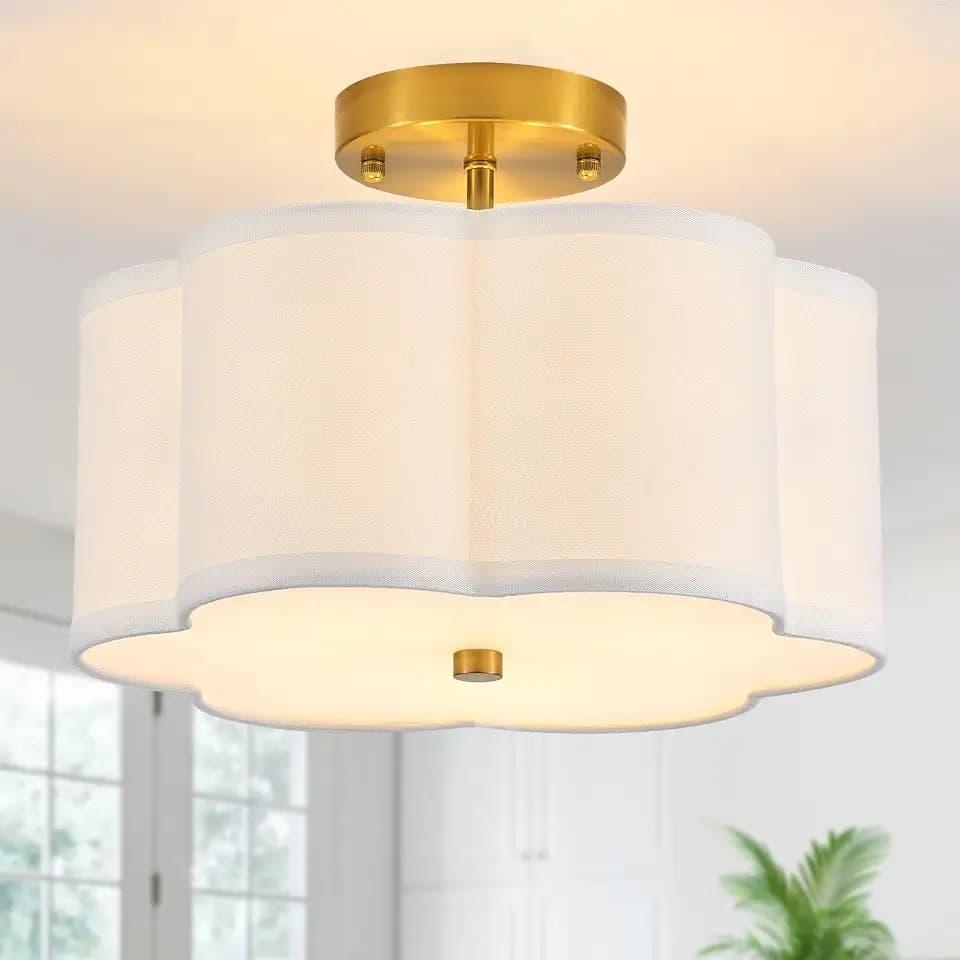 12.9" Gold Semi Flush Mount Ceiling Light, Linen 3-Light Fixture