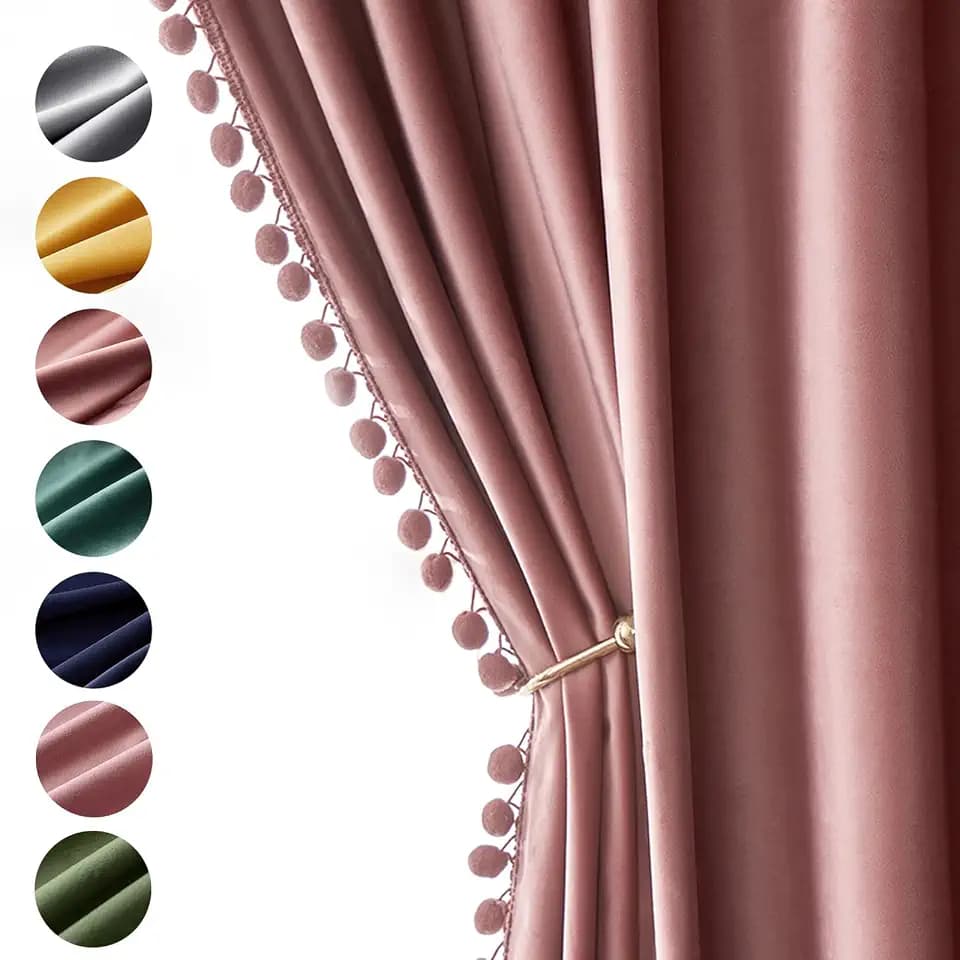 MIULEE Dry Rose Pink Pom Pom Velvet Curtains, W52 x L84, Set of 2