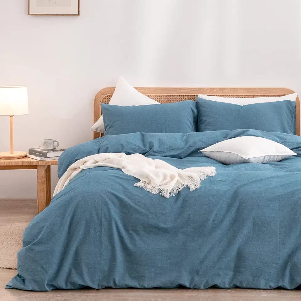 BESTOUCH Cotton Solid Duvet Cover Set Linen Feel Dark Blue Queen