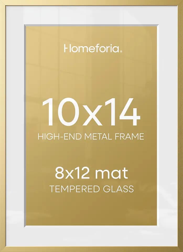 Homeforia 10x14 Gold Picture Frame, High-End Metal, 8x12 Mat, Glass