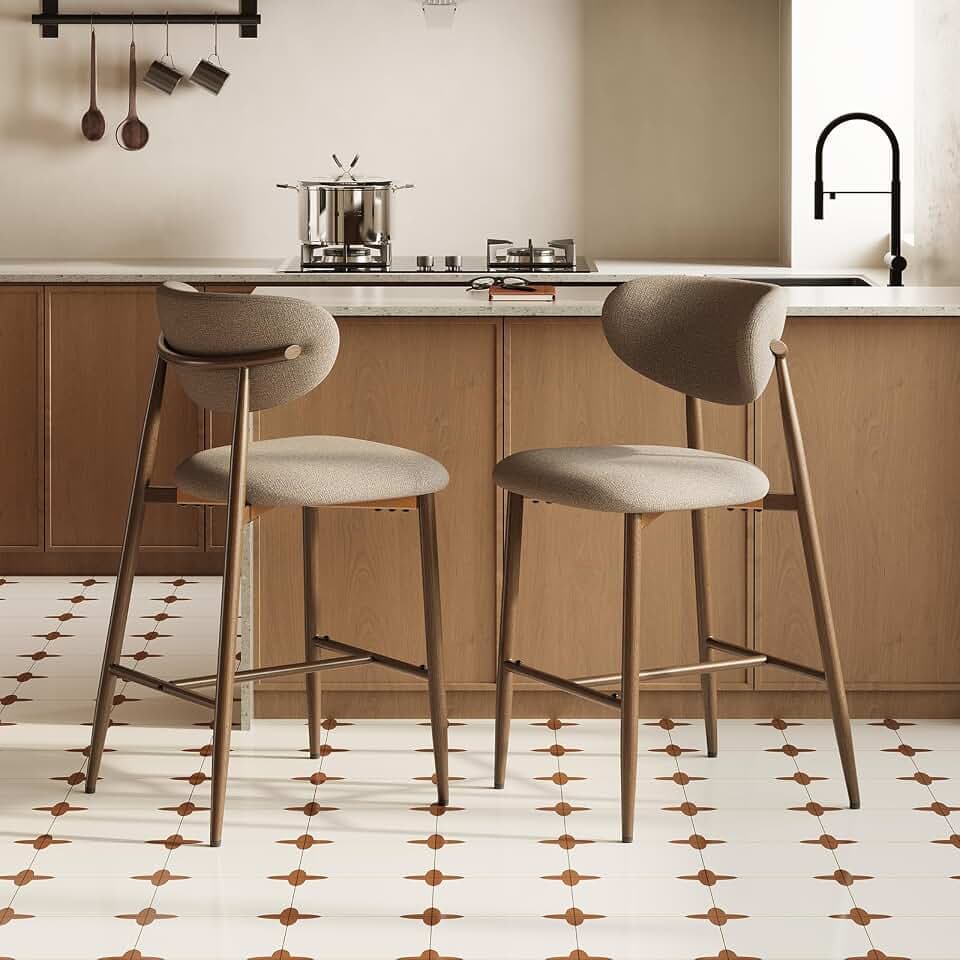 MALOL Barhocker, Thekenhöhe, Küchenhocker mit Rückenlehne, modern, gepolstert, Metallbeine für Kücheninsel und Theke, Kamel, 2 Stück