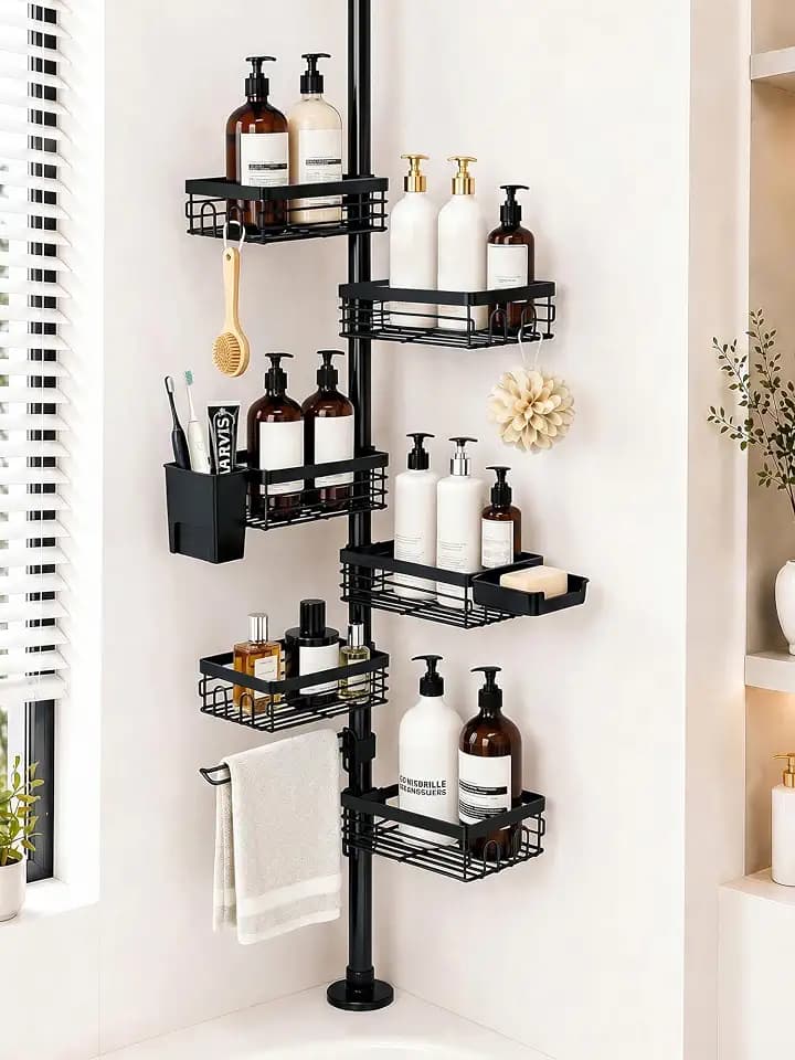 6-Tier Corner Shower Caddy Tension Pole, Rustproof Shelves, Black