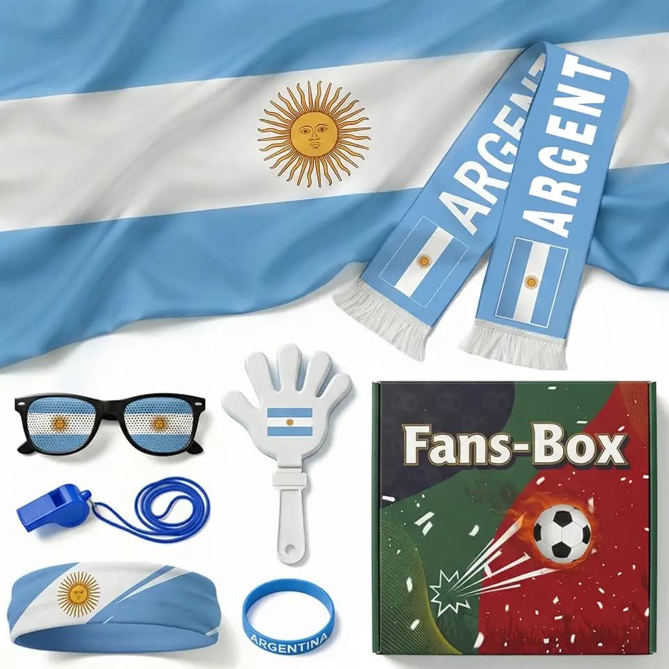 7 Pcs Cheering Kit for Football Matches, 2026 Argentina Soccer Fan Game Day Accessory Set, Includes Flag, Glasses, Whistle, Clapper, Wristband, Scarf & Headband