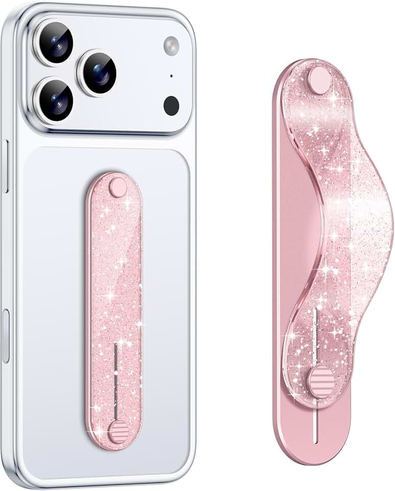 GripMate Phone Grip Holder, Finger Strap Stand, Cute Bling Sparkly, Metal Aluminum Alloy Kickstand with Soft TPU Loop - Universal Ultra Slim Comfortable Hand Grip for Smartphones, Glitter Pink