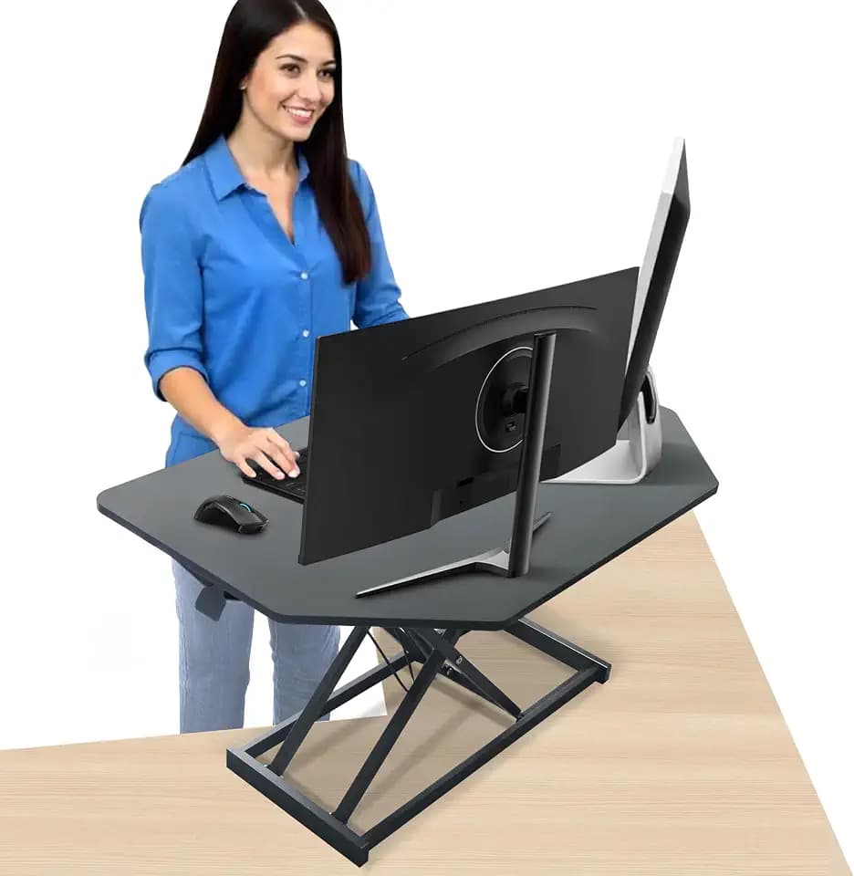 Aconcept 32 inch Black Corner Height Adjustable Standing Desk Converter, One-Click Sit to Stand up Desk Riser, Pre-Assembled for Dual Monitor and Laptop Workstation