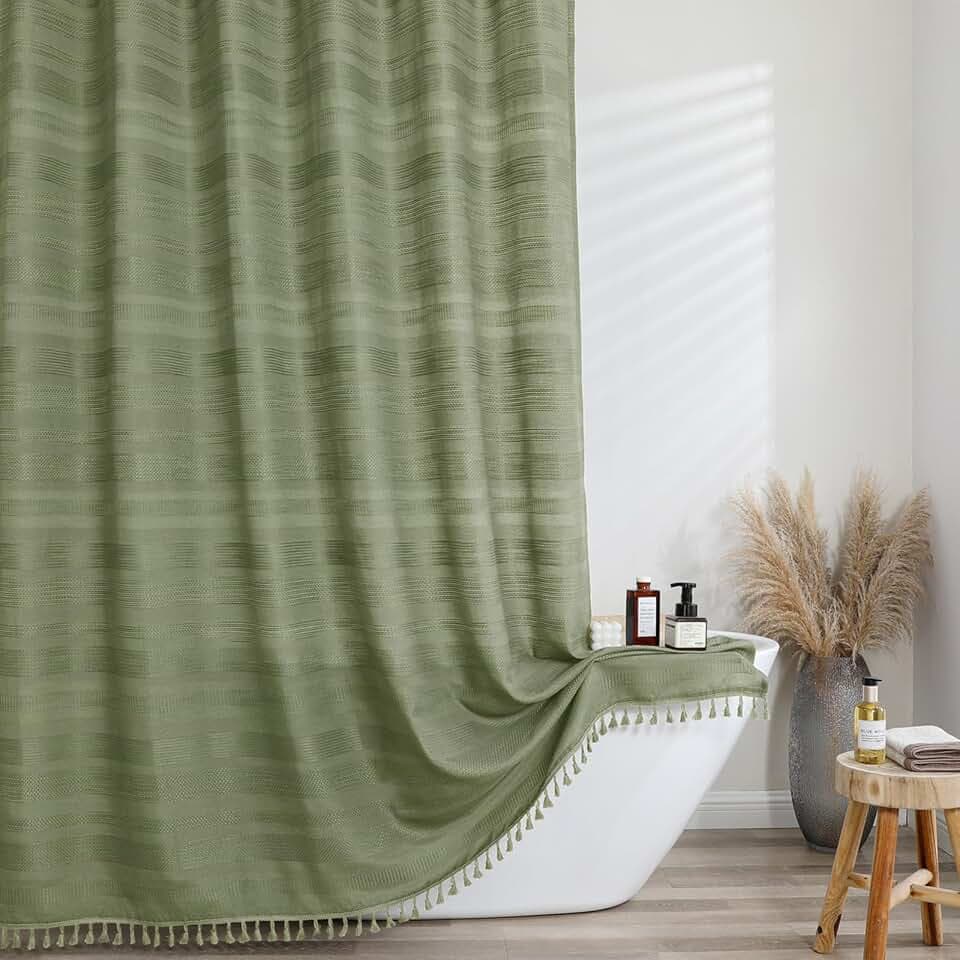OVZME Sage Green Shower Curtain 78 Inch Long, Boho Thick Linen Textured Shower Curtain with Tassel, Farmhouse Minimalist Striped Weighted Machine Washable Bathroom Decor, 72Wx78L Inches