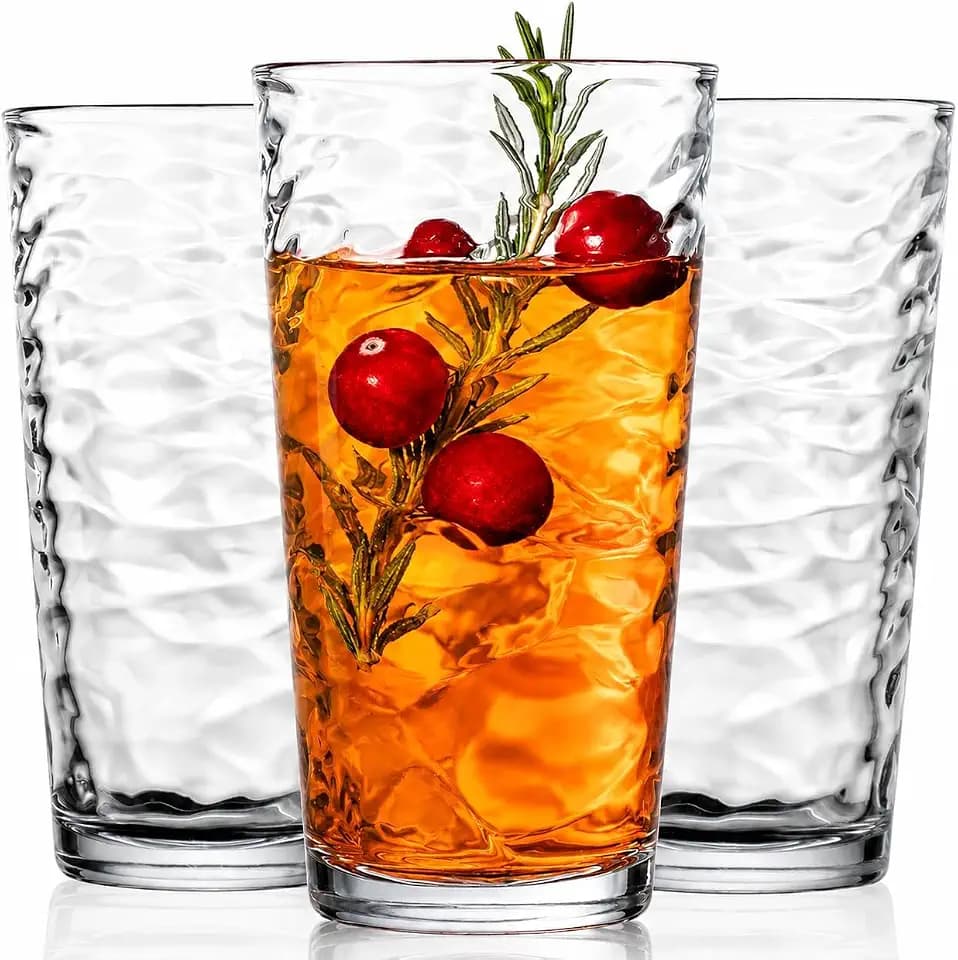 Glaver's 17 Oz Highball Drinking Glasses, Set of 10 Glass Cups and Tumblers | Tempered Glass, Heavy Base, Stackable, Dishwasher Safe, Lead-Free, BPA Free, Food Grade, Wavy Ribbed, Smooth Exterior