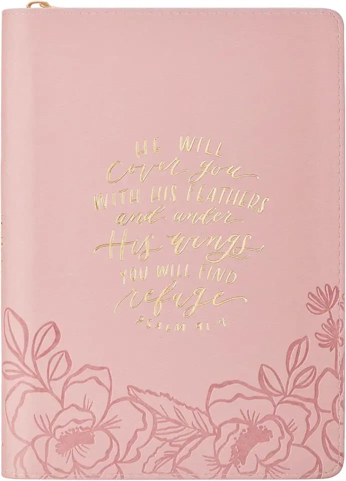 Christian Art Gifts Inspirational Zippered Journal, He Will Cover You Wide Ruled Notebook, Psalm 91:4 Bible Verse, Pink Vegan Leather Floral, 336 Lined Pages w/scripture, (9” x 6.4” x .9”)