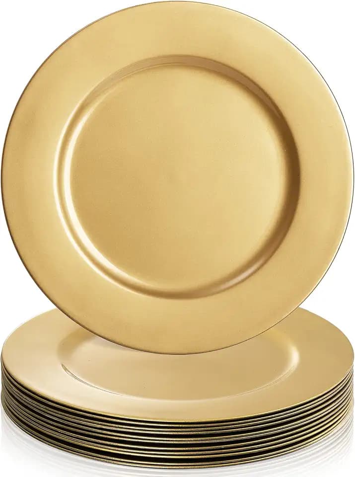 ZEAYEA 12 Pack Gold Charger Plates, 13 Inch Plastic Round Dinner Charger Plates for Wedding Party, Elegant Tabletop Decor