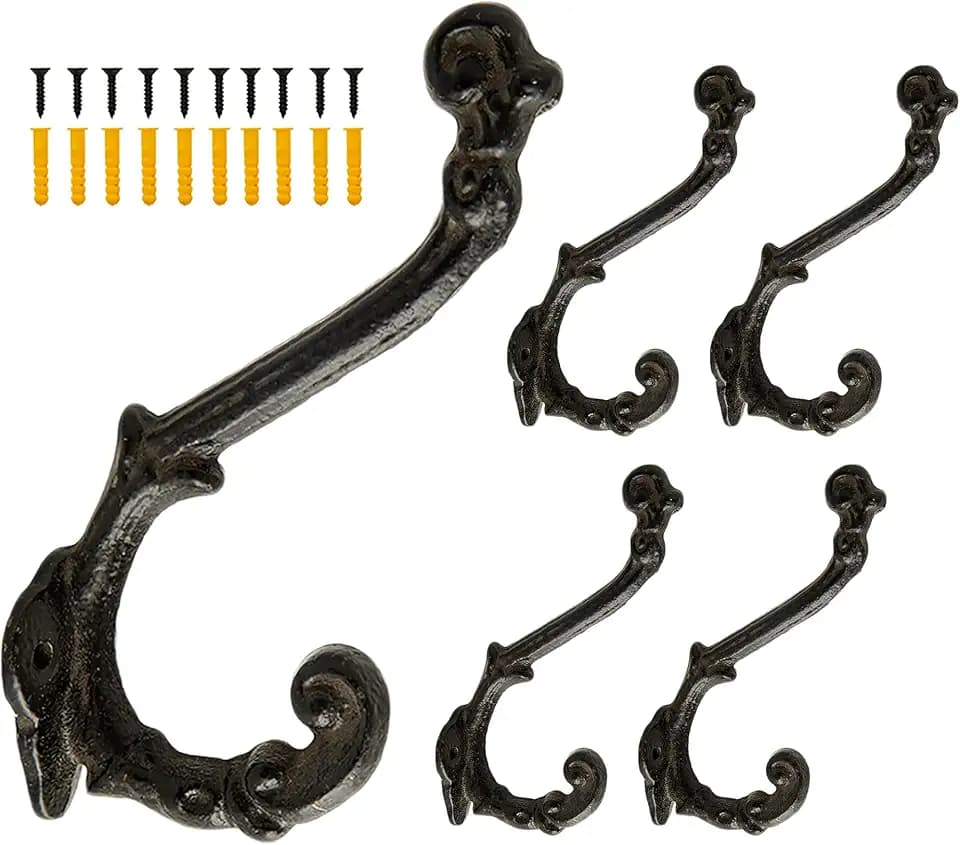 5 Packs Vintage Decorative Hooks Cast Iron Wall Wood Mounted Hooks Sturdy for Farmhouse Coats Bags Hats Towels(Screws Included)