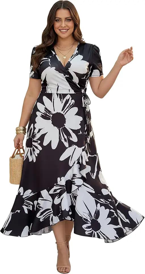 KOH KOH Womens Long Wrap Flower Print Cap Sleeve Spring Summer Maxi Dress