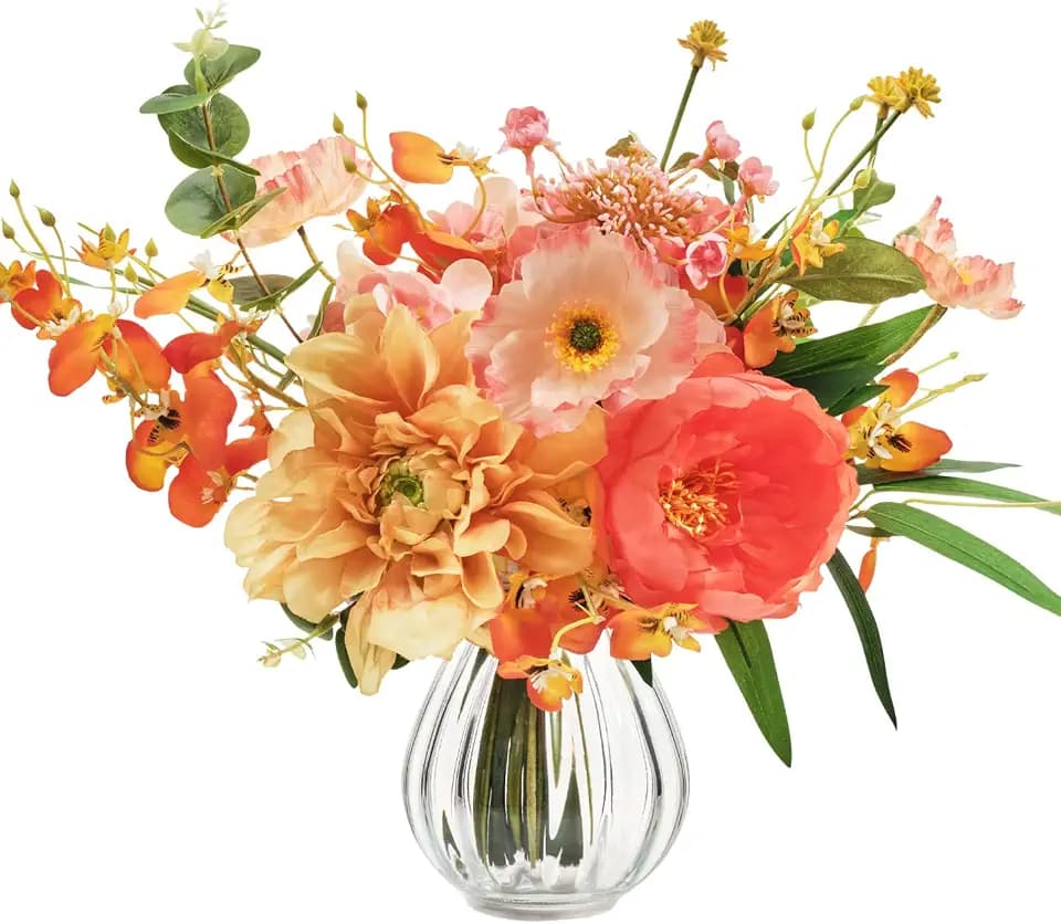 WELL KNOWN Artificial Flowers Arrangement Orange & Pink Silk Peony Bouquet with Vase, Fake Wild Flowers Bouquet for Home Office Living Room Wedding Party Dinning Table Spring & Summer Decor & Gift