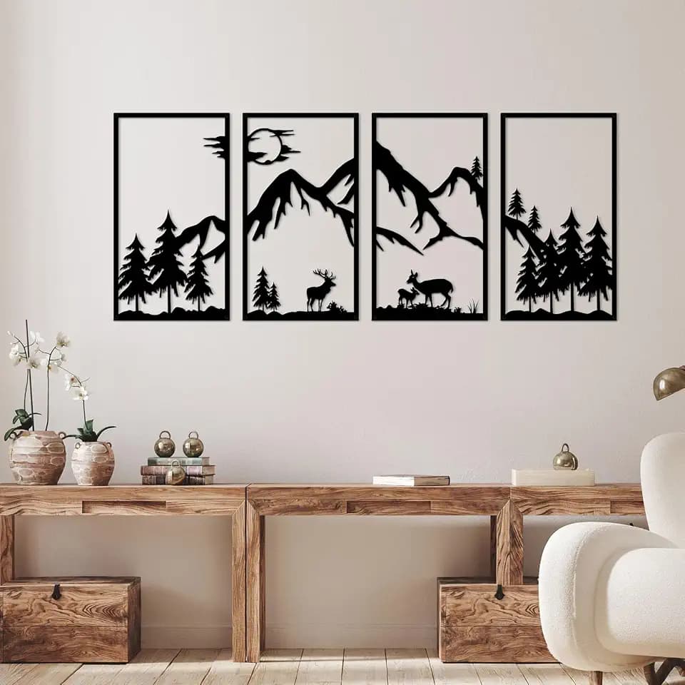 DUOOLN Metal Mountain Scene Wall Decor, Forest Line Drawing Art Sculpture