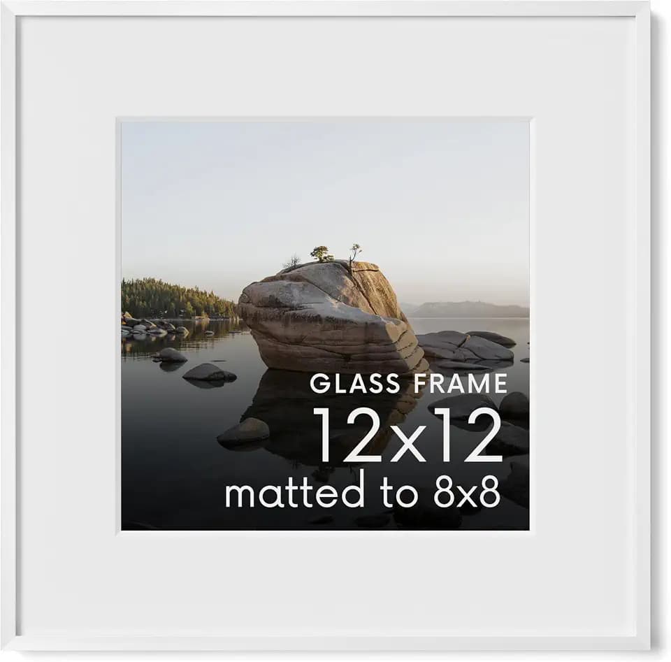 HAUS AND HUES 12x12 Picture Frame with Real Glass & White Premium-Grade Metal Matted to 8x8 - Aluminum 12x12 Frame - Includes Hanging Kit - Ideal for Home, Office (12x12 in, White)