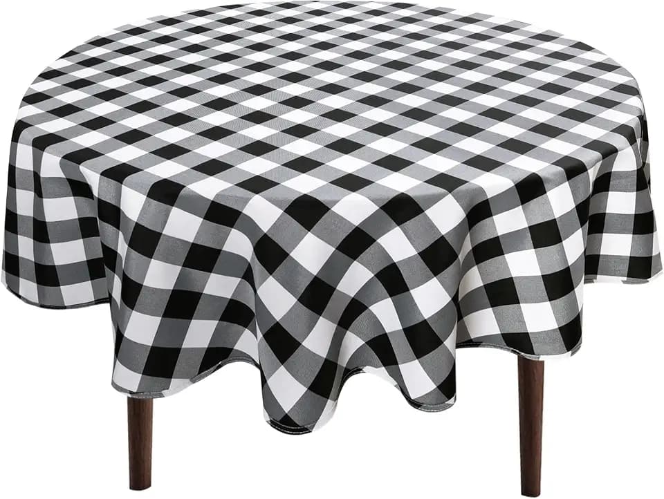 Hiasan Waterproof Checkered Round Tablecloth 70 Inch, Black and White