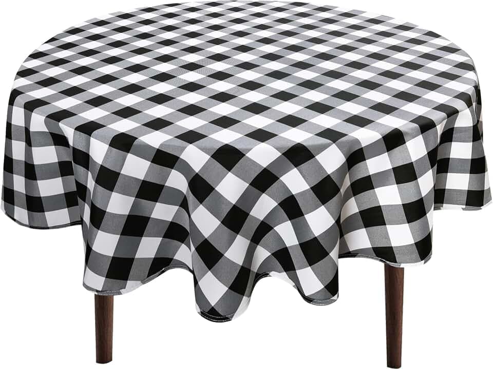 Hiasan Waterproof Checkered Round Tablecloth 60 Inch, Black and White