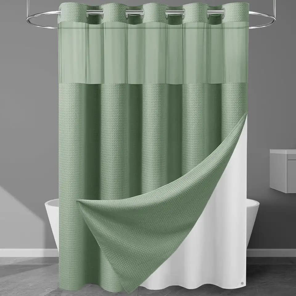 Heavyweight Waffle Ringless Shower Curtain with Liner, 71x74, Sage Green