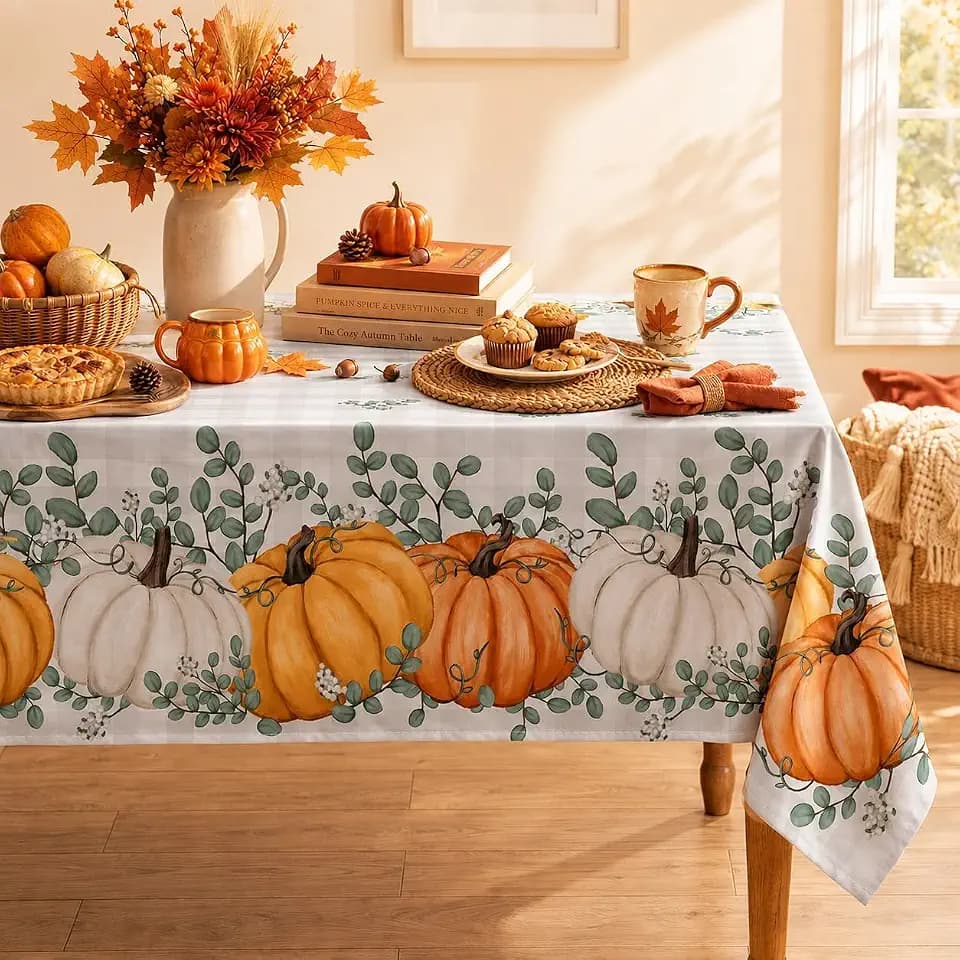 Horaldaily Fall Tablecloth 60x84 Inch Rectangular, Thanksgiving Autumn Harvest Orange Pumpkin Buffalo Plaid Table Cover for Party Picnic Dinner Decor