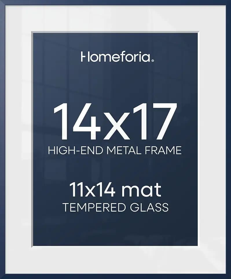 Homeforia 14x17 Blue Picture Frame, High-End Metal, 11x14 Mat, Glass