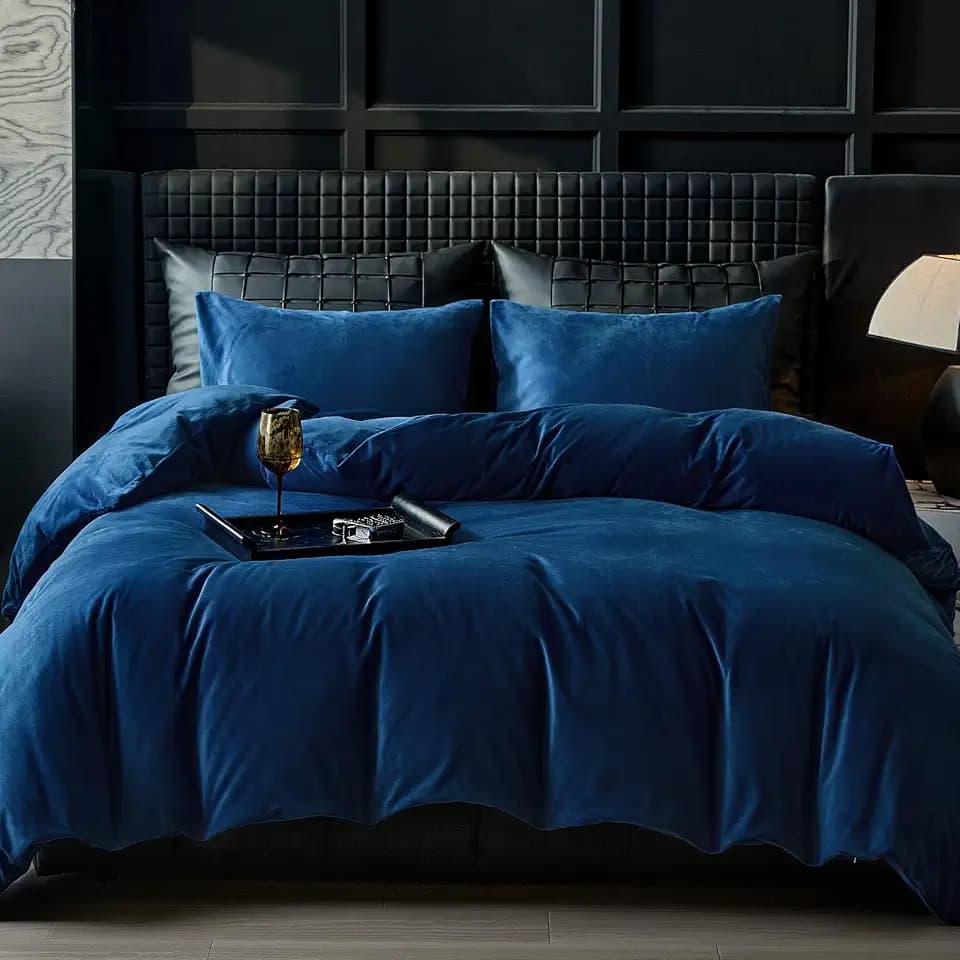 WARMDERN Navy Blue Flannel Velvet Duvet Cover King Size, 3-Piece
