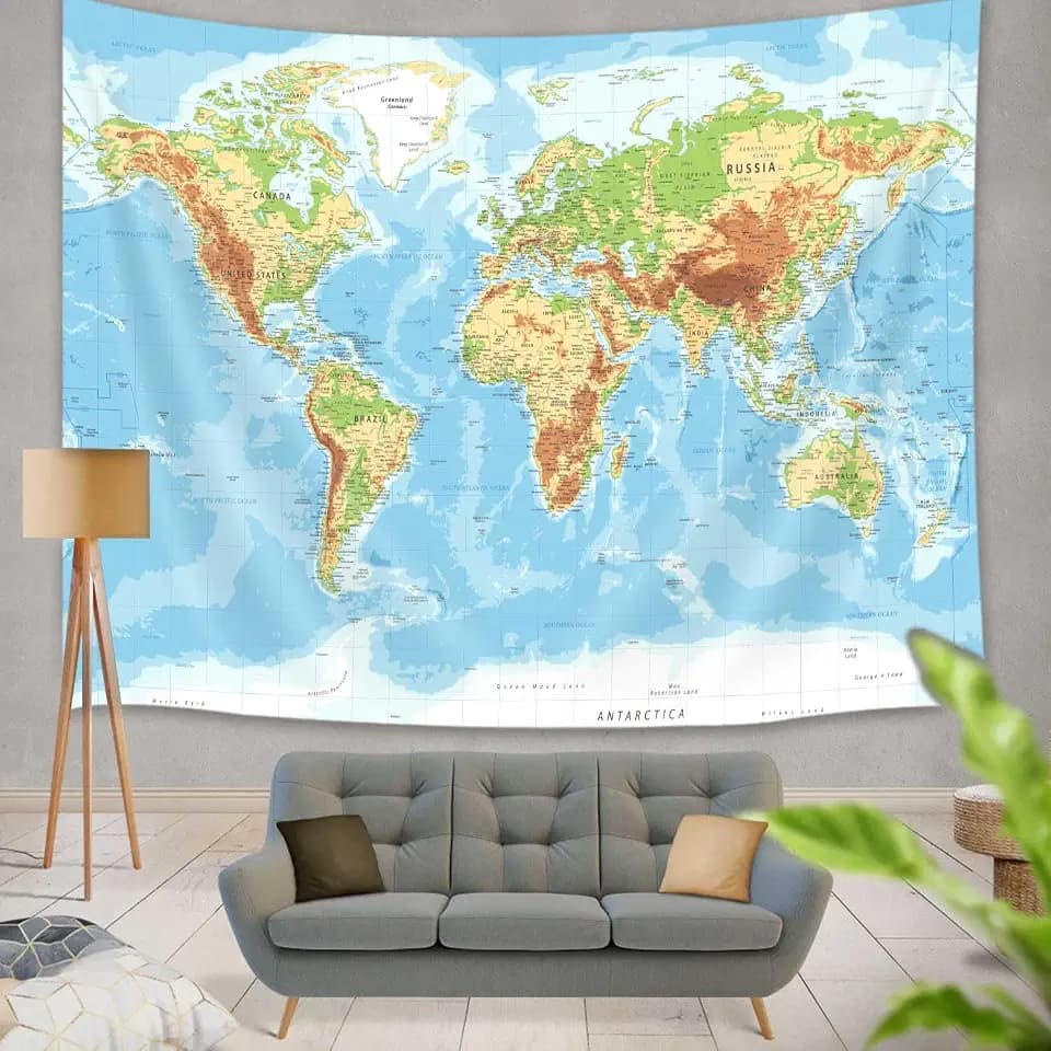 World Map Wall Art for Kids, Educational Tapestry with Countries, Major Cities, Asia, Europe, America, Africa, Japan - 71x60 Inch (Blue)