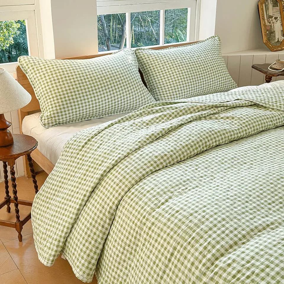 NSNLGSGC Sage Green Gingham King Summer Bedspread Quilt Set