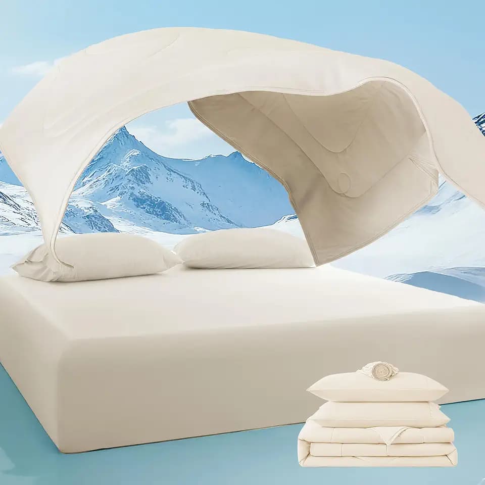 Breescape Cooling Comforter Set - Ultra Comfort 3pcs with Twin XL Size Cooling Blanket, Wrinkle-Free Deep Pocket Fitted Sheet, 1 Breathable Pillowcase for Skin and Hair Bedding Set, Soft Ivory