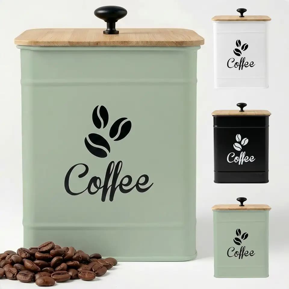 Airtight Coffee Canister 40 oz, 6"x 8" Metal Jar w/ Rubber-Lined Bamboo Lid