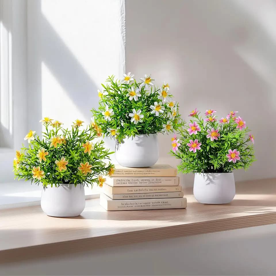 3 Pack Small Fake Plants Artificial Potted Flowers for Indoor Mini Faux Plants with Flowers Greenery for Home Decor Living Room Bathroom Bedroom Office Table Shelf (White+Pink+Yellow)