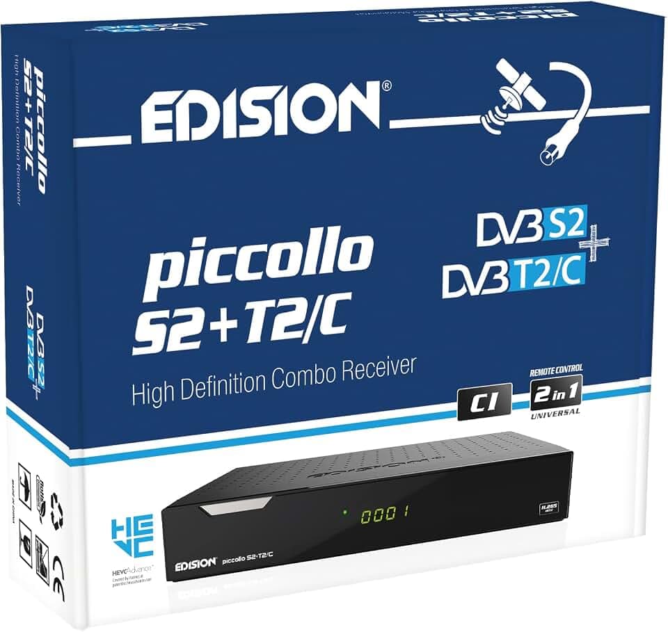 EDISION PICCOLLO S2+T2/C Combo HD-Receiver H.265/HEVC (DVB-S2, DVB-T2, DVB-C | ARD & ZDF SD Abschaltung tauglich) Unicable tauglich, CI, 2x USB, HDMI, RCA, LAN, Vorinstallierte deutsche Programmliste