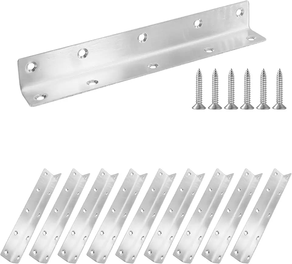 L Bracket, Heavy Duty Corner Brace, 10 Pack 8" Metal Shelf Bracket Angle Bracket for Shelves, Polished Silver Stainless Steel Braces for Wood Furniture
