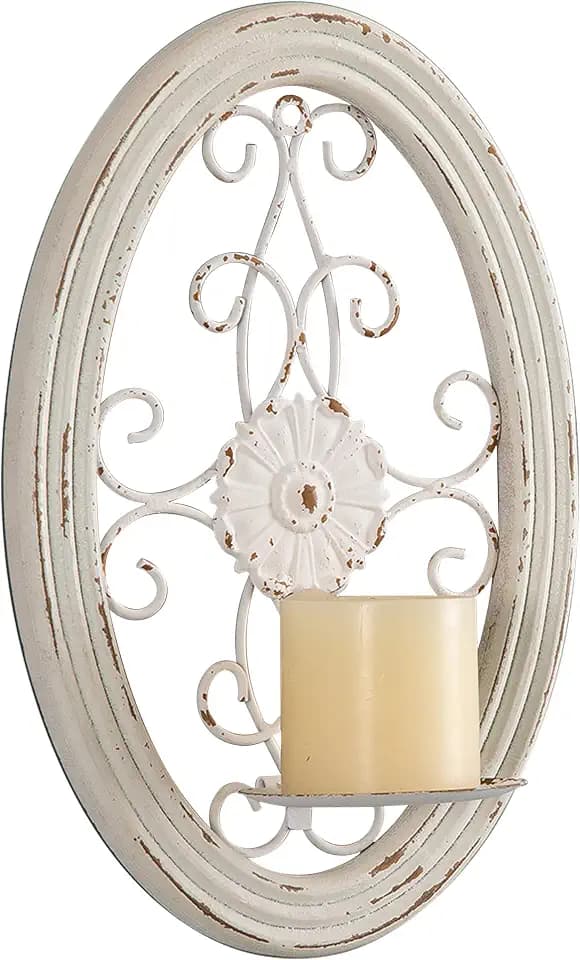 SOFE Rustic Oval Pillar Candle Wall Sconce, Distressed White Candle Holder