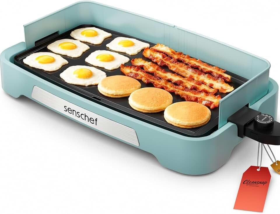 Cleansnap Everyday Electric Griddle,The Ultimate Gift for Family Feasts - 20” Nonstick Grill with Foldable Anti-Mess Shield, Rapid 1700W Heat & PPG Ceramic Coating, Dishwasher Safe, Saga Blue