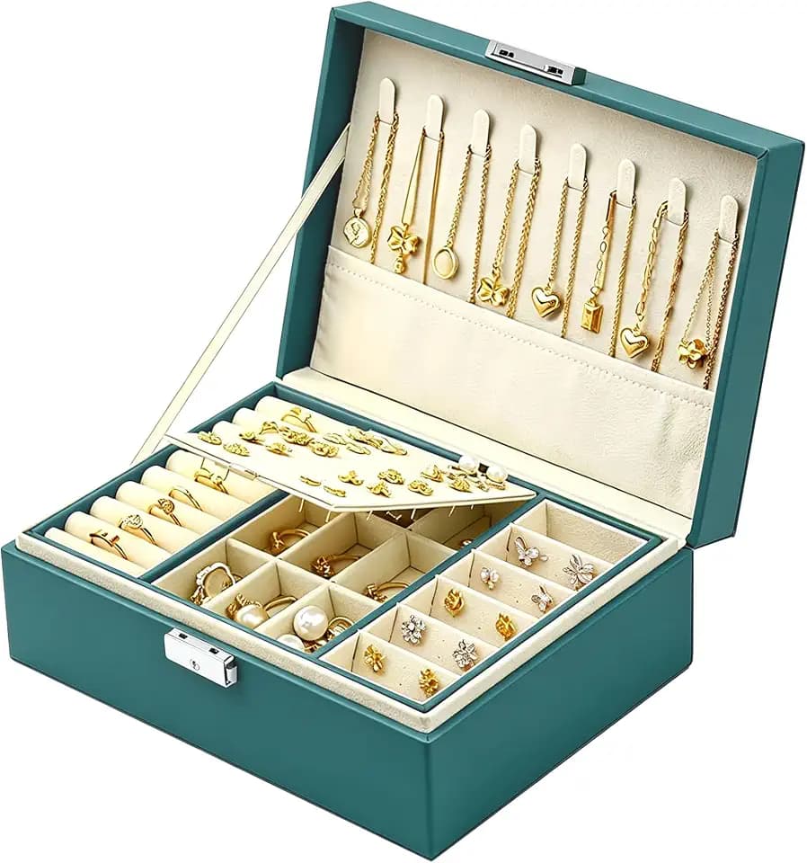 Homeanda Jewelry box 2 layer Jewelry box Leather Jewelry boxes for Women Girls Teens Jewelry organizer box Jewelry Storage box with lock(Green)