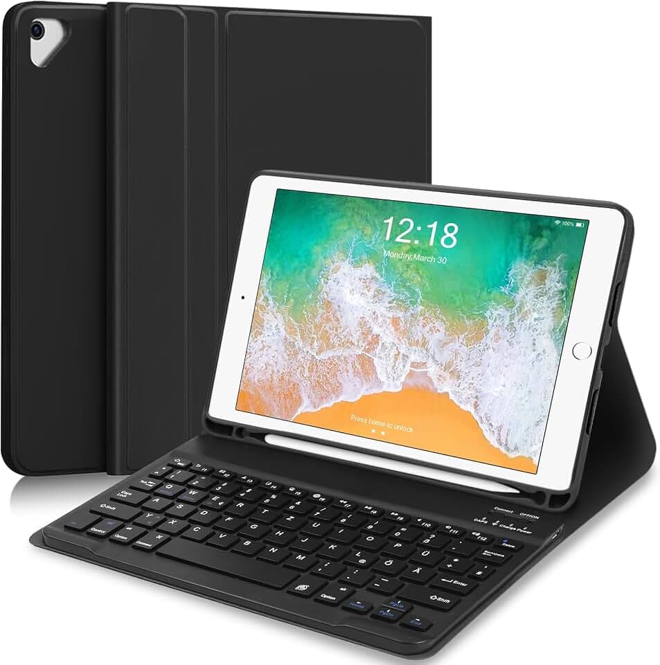 Tastatur Hülle für iPad 9.7 2018 (6. Generation)/5. Generation 2017, iPad Air 2 & 1, Magnetisch Kabellos QWERTZ Deutsch mit Stifthalter, Schwarz