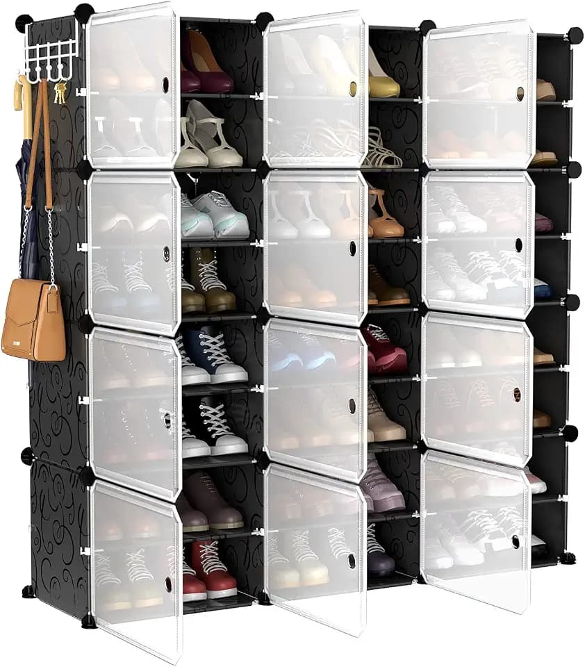 VTRIN Portable Shoe Organizer 48 Pair Tower 4 Tiers Rack for Entryway Shelf Storage Cabinet Stand for Heels Boots Slippers Cabinet Narrow Standing Stackable Space Saver Shoe Rack Black