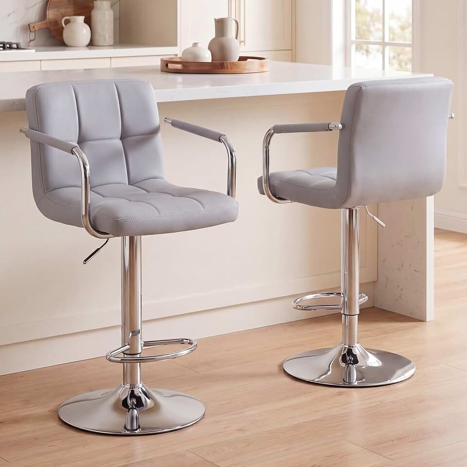 Bar Stools Set of 2, 24-26'' Adjustable Swivel Bar Chairs, Grey