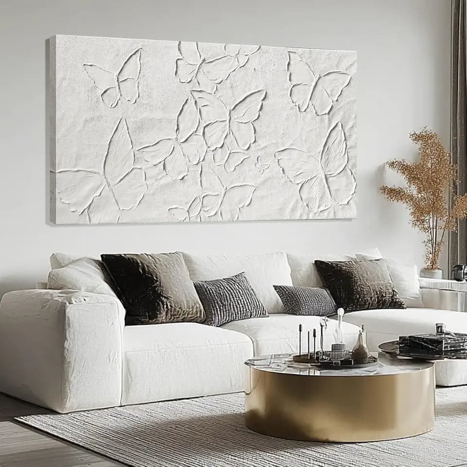 3D Butterfly Wall Art Hand Painted Textured Canvas White Decor 24x48 inch